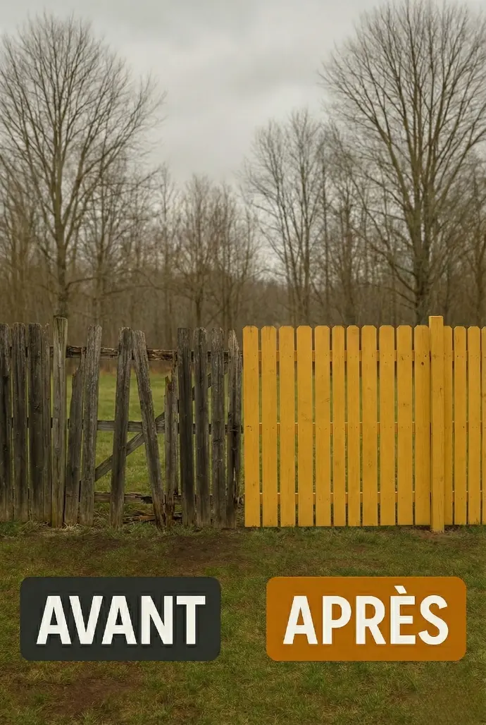 Avant et après réparation de clôture et palissade en bois sur la Rive-Sud